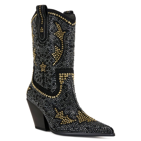 Azalea Wang Shoes - AZALEA WANG Embellished Crystal Western Boots Black & Gold Glam Rock Cowgirl